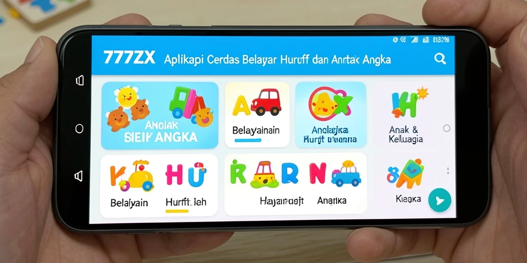 Screenshot utama 777ZX yang menunjukkan antarmuka belajar huruf dan angka.
