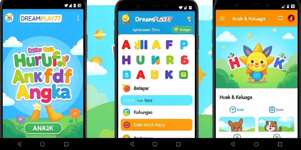 Antarmuka aplikasi DREAMPLAY77 yang ceria dan edukatif untuk belajar huruf dan angka.