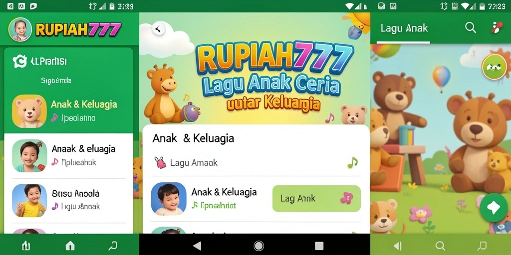 Antarmuka RUPIAH777 dengan berbagai fitur dan lagu anak.